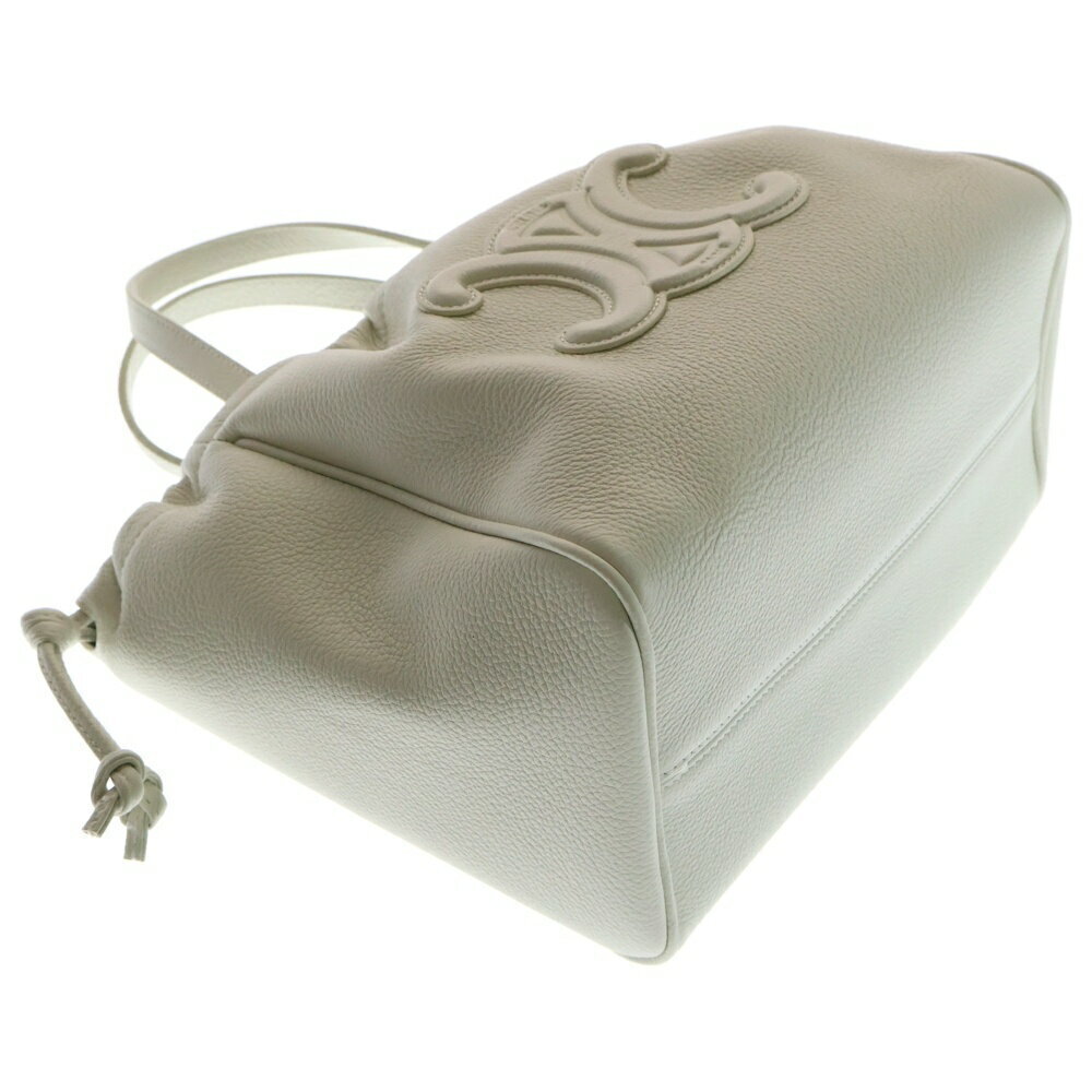 CELINE Cuir Triomphe Logo Cabas Drawstring Leather Hand Shoulder Bag White - Picture 4 of 6
